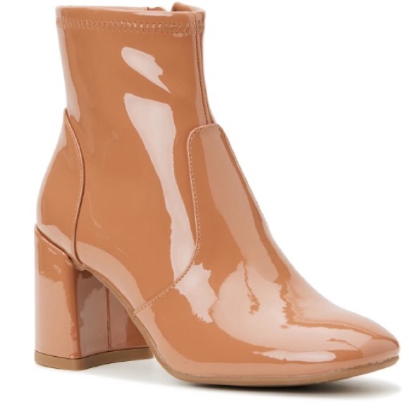 Madden NYC Caramel Tan Patent Leather Side Zip Block Heeled Almond Toe Bootie - Picture 15 of 15